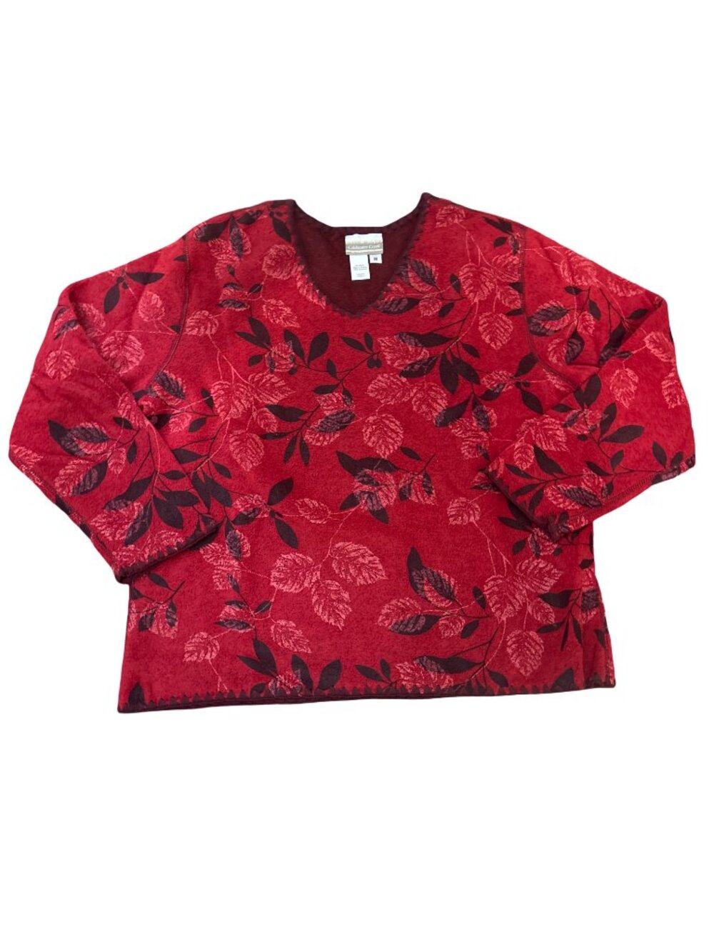 Coldwater Creek Womens Medium Red Leaf Print Cozy Fleece Pullover Sweater Top
